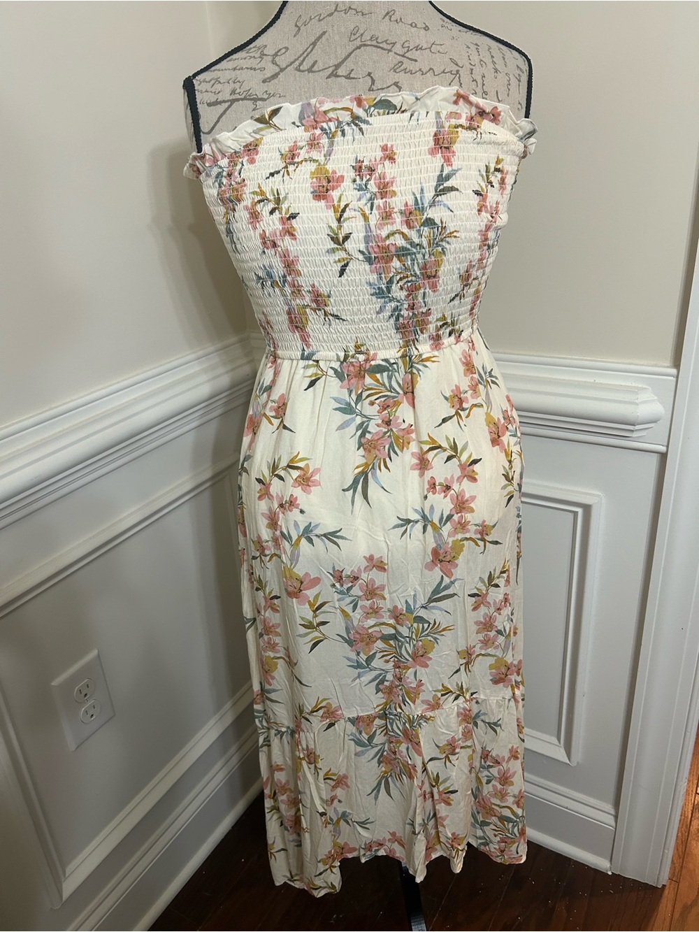 Liberty Love Cream Strapless Floral Midi Dress with Pink & Green Blooms